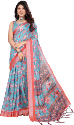 Priyashi Printed, Floral Print Mysore Cotton Silk Saree(Blue)