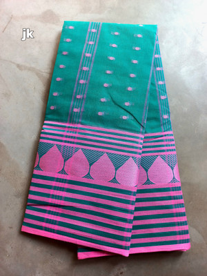 J KunduHouse Woven Tant Pure Cotton Saree(Light Green, Pink)