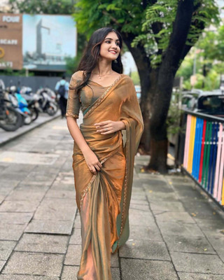 ANJAVI FASHION Solid/Plain Bollywood Jimmy choo Saree(Gold)