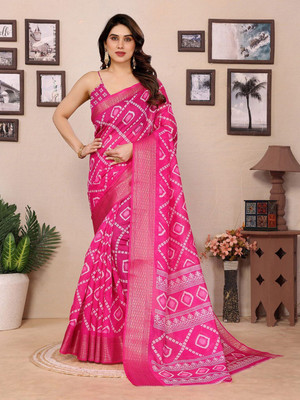 Moda Rapido Printed Bandhani Cotton Blend Saree(Pink)