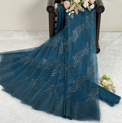 PATTARI Embellished Bollywood Net Saree(Blue)