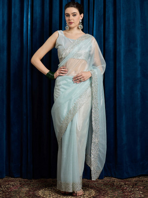 Sareemall Embroidered Bollywood Net Saree(Light Blue)