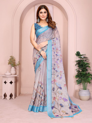 Hasti Graphic Print Assam Silk Cotton Linen Saree(Multicolor)