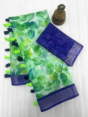 Millstar Floral Print Assam Silk Cotton Linen, Linen Saree(Green)