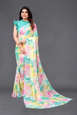 SARETRA MALL Geometric Print, Embellished Bollywood Georgette Saree(Light Blue, Green, Pink)