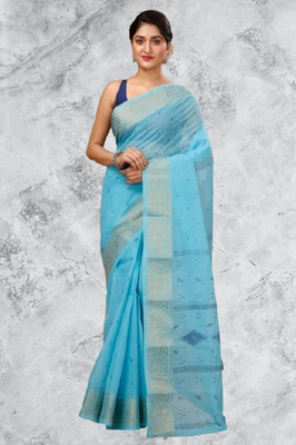 Priyongboda Woven Jamdani Handloom Cotton Blend Saree(Blue)