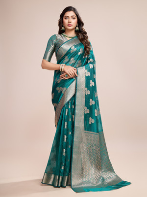 SHRIMAY Floral Print Bollywood Net, Organza Saree(Light Green)