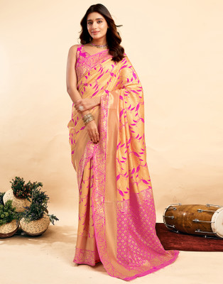 all about you Woven, Self Design Kanjivaram Silk Blend Saree(Orange, Magenta)
