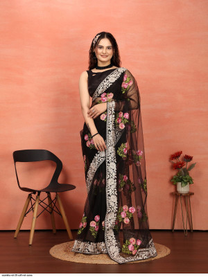 MRUTIENTERPRIS Embroidered Bollywood Net Saree(Black)