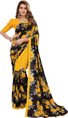 Moda Rapido Floral Print Daily Wear Georgette Saree(Yellow, Black)