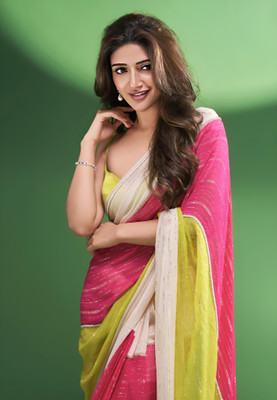 Avishafab Printed, Striped Bollywood Chiffon Saree(Multicolor)