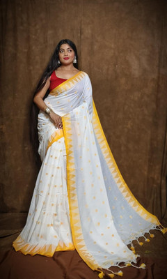 DHRITI Printed Handloom Pure Cotton Saree(White)