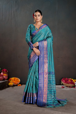 PEENGAX Woven, Striped, Self Design, Temple Border Banarasi Silk Blend Saree(Blue)