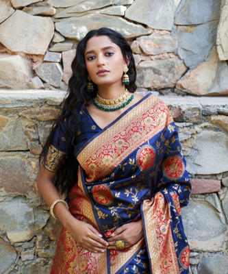 Janasya Woven, Self Design Banarasi Silk Blend Saree(Blue)