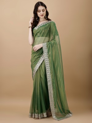 FABMORA Embroidered, Embellished Bollywood Net Saree(Light Green)