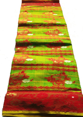 THE BULL Embroidered, Woven Jamdani Cotton Blend Saree(Green, Red)