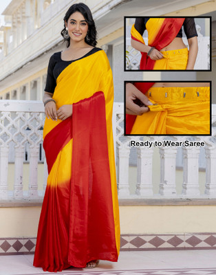 Samah Ombre, Solid/Plain Bollywood Silk Blend Saree(Red, Yellow)