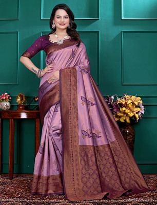 Divastri Woven, Embellished Handloom Silk Blend Saree(Purple)