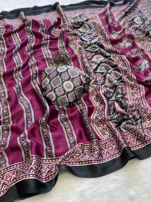 Sniccs Trend Printed, Floral Print, Geometric Print, Striped Bollywood Pure Silk Saree(Purple)