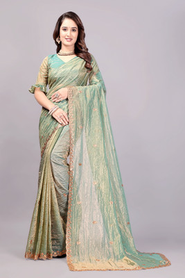 PATTARI Embroidered, Solid/Plain Bollywood Net Saree(Green)