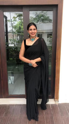 Arpita Fashion Solid/Plain, Self Design Bollywood Georgette Saree(Black)