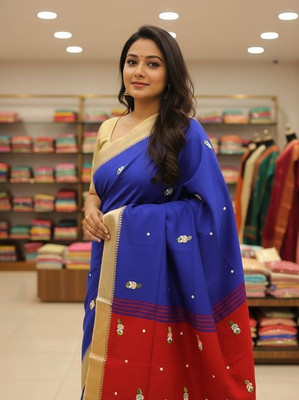 BAIBHABI Embroidered, Solid/Plain, Woven, Temple Border Handloom Cotton Blend Saree(Maroon, Blue, Red, Dark Blue)