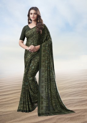 Jaanvi Fashion Printed Daily Wear Crepe Saree(Green)