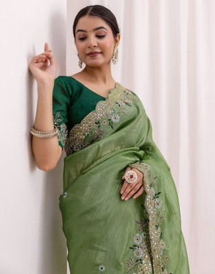 Satrani Embroidered, Embellished Bollywood Jimmy choo, Tissue Saree(Green)