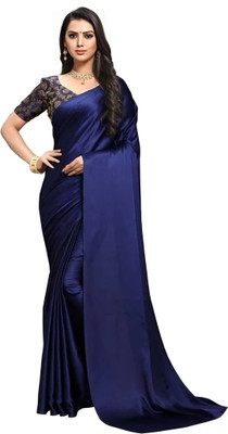 Aardiva Solid/Plain Daily Wear Satin Saree(Blue)