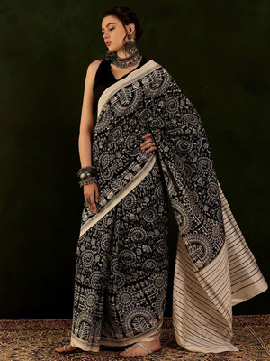 Sangria Printed Daily Wear Silk Blend Saree(Black)
