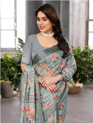 TTH Printed Bollywood Linen Saree(Green, Orange, Yellow)