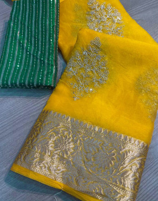 Samah Woven, Embellished Bollywood Organza Saree(Yellow)