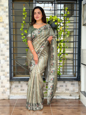HouseOfCommon Embroidered, Printed Madhubani Tussar Silk Saree(Light Green)
