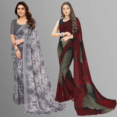 Anand Sarees Floral Print, Polka Print, Ombre, Printed Bollywood Georgette Saree(Pack of 2, Red, Black, Grey)