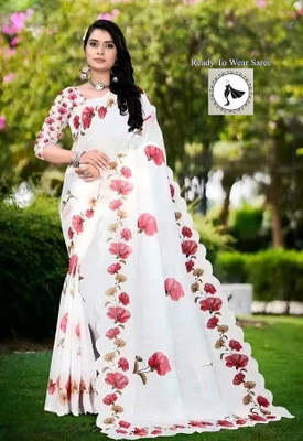 HouseOfCommon Floral Print Bollywood Linen Saree(White)