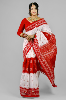 Tareni Printed Sambalpuri Pure Cotton Saree(White)