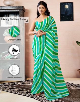 Samah Floral Print, Geometric Print, Printed Daily Wear Chanderi, Cotton Blend Saree(Green, White)