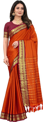 Paramparik Textile Temple Border, Solid/Plain Banarasi Cotton Silk Saree(Orange)