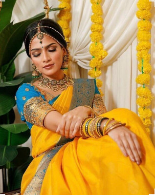 SHWENILA Solid/Plain Assam Silk Pure Silk Saree(Yellow)