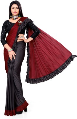 LADY SHOPI Solid/Plain Bollywood Lycra Blend Saree(Red, Black)