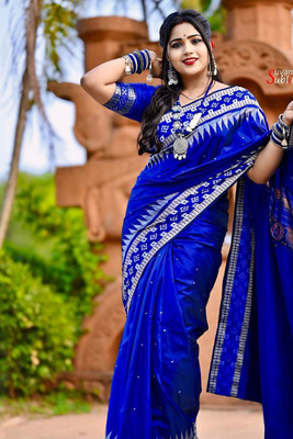 Welcome clothing center Woven Sambalpuri Cotton Blend Saree(Blue)
