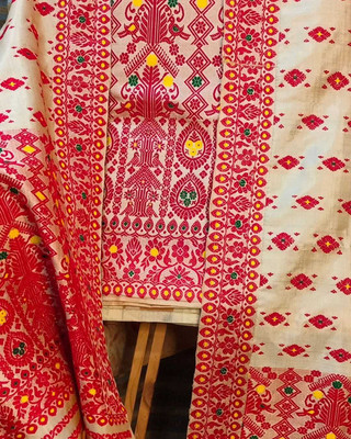 Garbguru Woven, Embroidered Mekhela Chador Pure Silk Saree(Cream, Red)