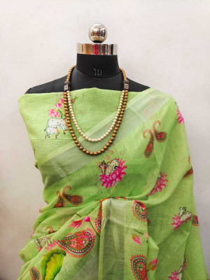 Gajal Self Design Kanjivaram Linen, Cotton Linen Saree(Light Green)
