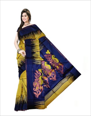 Pradip Fabrics Self Design Handloom Cotton Blend Saree(Yellow, Blue)