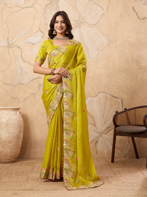 SARETRA MALL Embroidered, Floral Print Bollywood Chiffon Saree(Yellow)