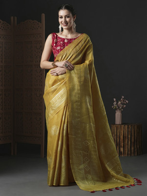 Divastri Printed Bollywood Cotton Blend Saree(Yellow)