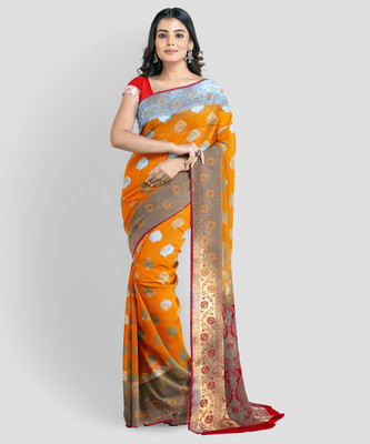 THE VARYA FASHION Printed Banarasi Silk Blend Saree(Multicolor)