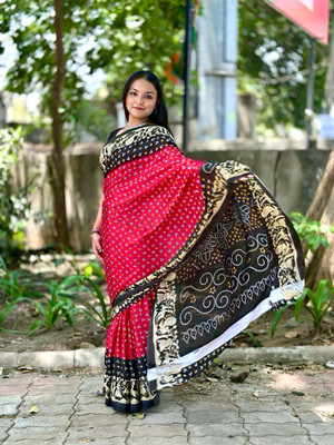 ZENFAB THREADS Animal Print Bandhani Crepe, Silk Blend Saree(Multicolor)