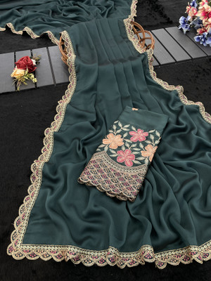 K 5 FASHION Embroidered, Solid/Plain Bollywood Chiffon Saree(Light Blue)