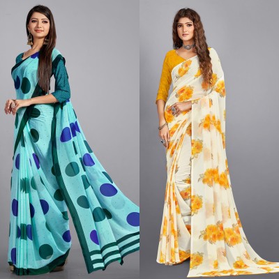 Uveeka Printed Daily Wear Georgette Saree(Pack of 2, Blue, Yellow)